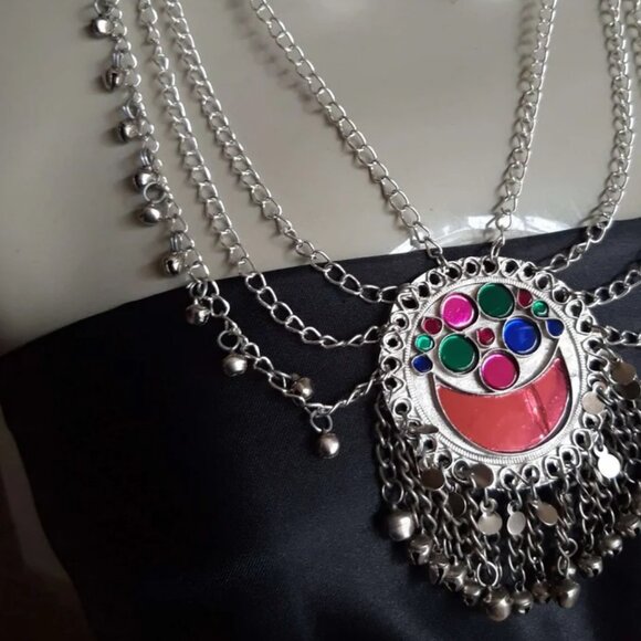 Ethnic Multilayers Bib Necklace, Tribal Silver Bib Necklace, Kuchi Boho Jewelry - Picture 6 of 6